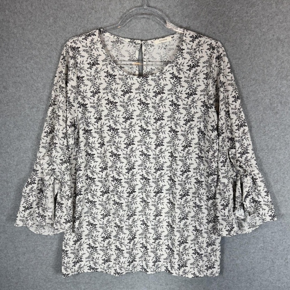 Pleione Blouse Womens Large White Black Floral Top 3/4 Ruffle Sleeve Lightweight